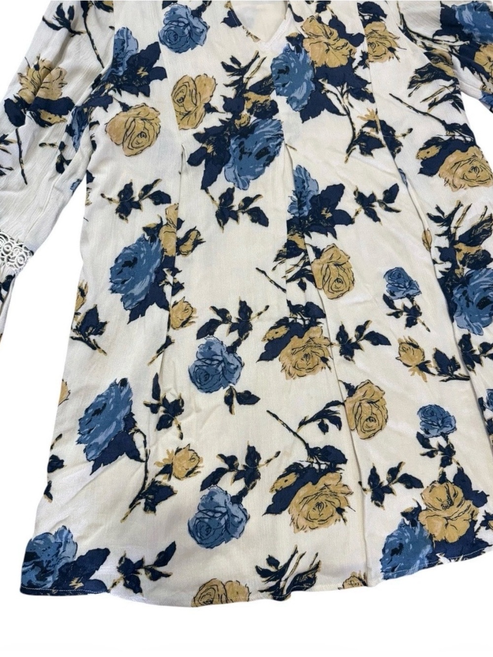 Altar'd State Oatmeal Floral Button-Top with Lace Navy and Mustard Accents Boho - Picture 4 of 6